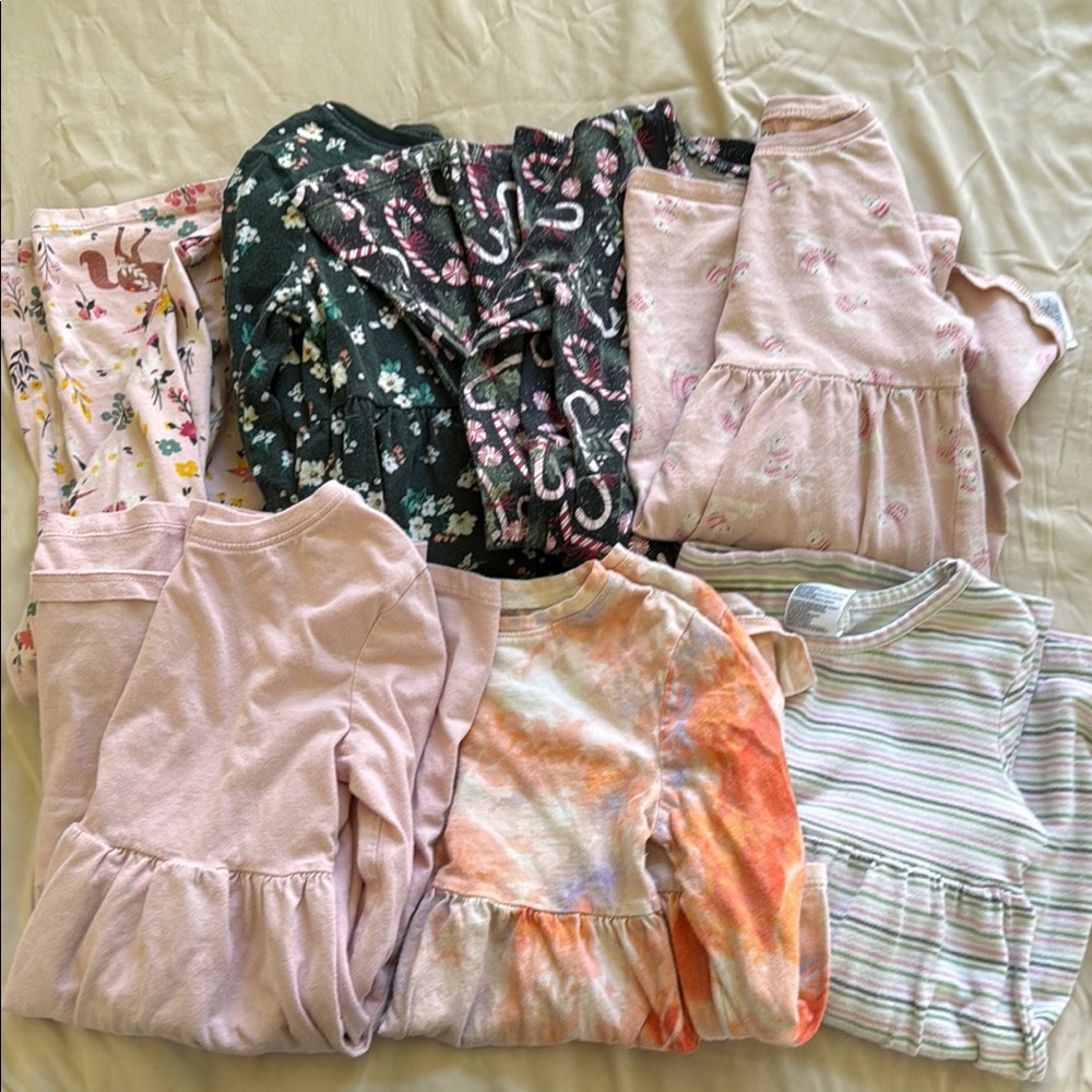 Cozy Kids Lot of 7 Cotton Long Sleeved tee Dresses - Pink, Orange, Green Size 5T